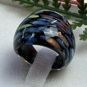 Glass art multi color speckled dots chunky black ring
